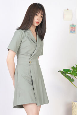 Fine Notch Collar Pleated Front Overlay Wrap Playsuit (Grey Green)
